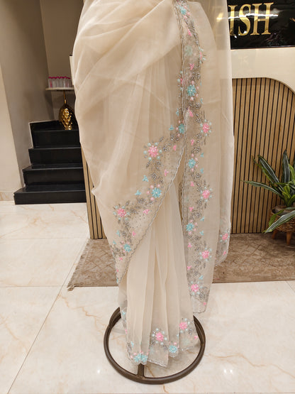Cream Handwork Glass Tissue Saree