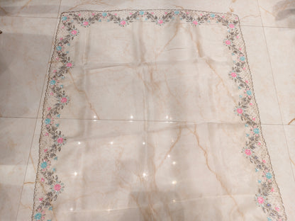 Cream Handwork Glass Tissue Saree