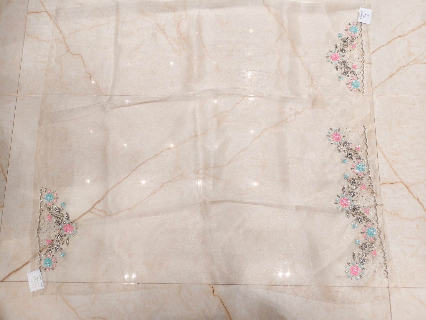 Cream Handwork Glass Tissue Saree