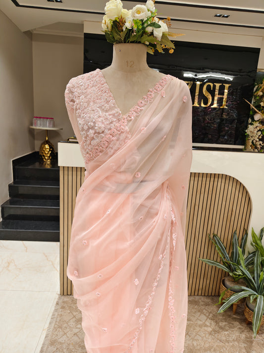 Baby Pink Handwork Organza Saree