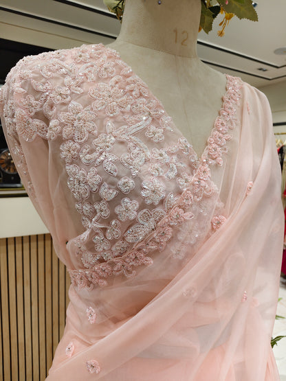 Baby Pink Handwork Organza Saree