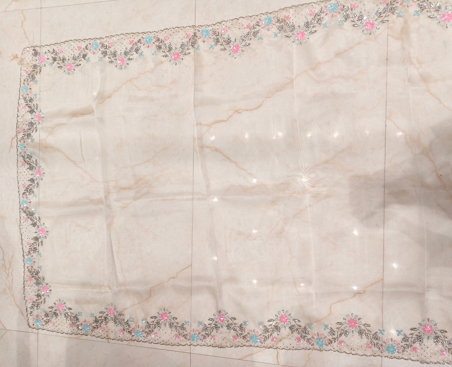 Cream Handwork Glass Tissue Saree