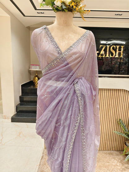 Lavender Mirror & Kutdana Work Tissue Saree