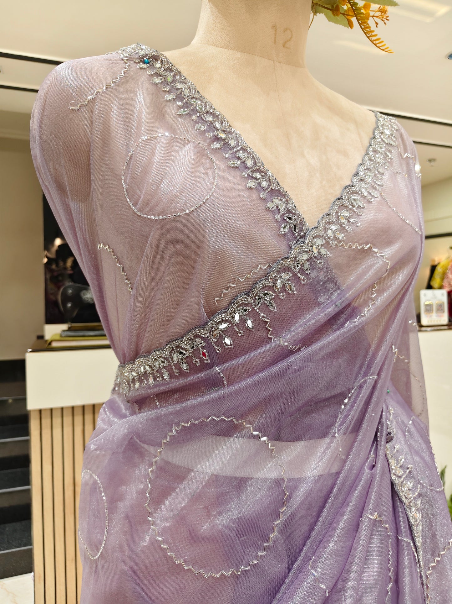 Lavender Mirror & Kutdana Work Tissue Saree