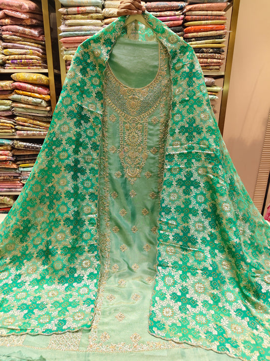 Green Unstitched Suit
Tissue Suit Set
Kutdana Work Suit
Dabka Work Suit
Designer Festive Suit