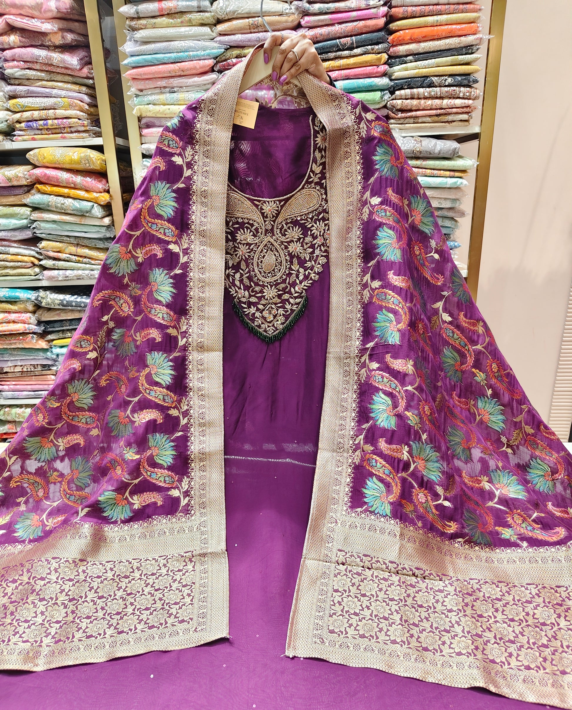 Wine Unstitched Suit
Organza Suit Set
Dabka Work Suit
Sequins Work Suit
Designer Festive Suit
