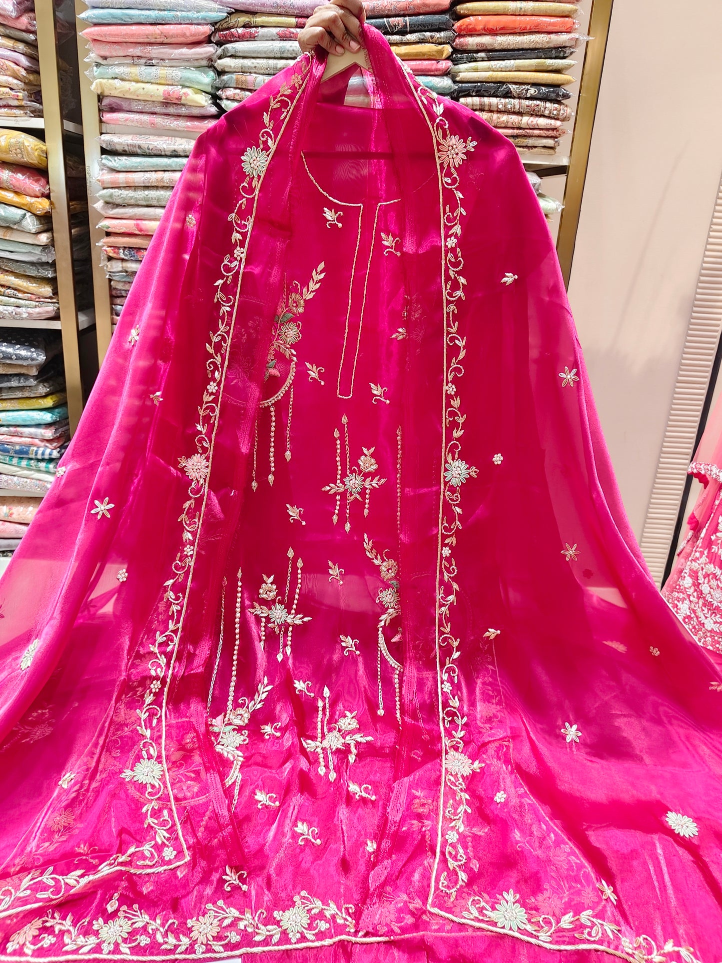 Rani Pink Unstitched Suit
Glass Tissue Suit Set
Dabka Work Suit
Resham Work Suit
Designer Festive Suit