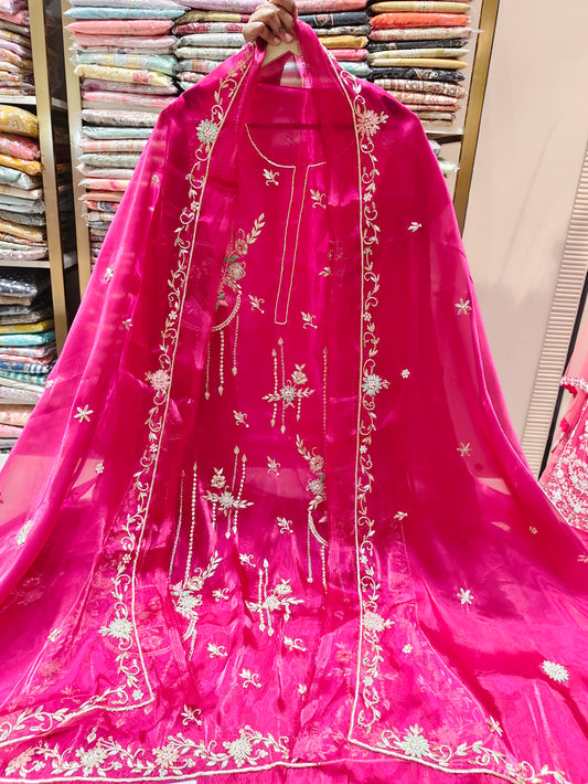 Rani Pink Unstitched Suit
Glass Tissue Suit Set
Dabka Work Suit
Resham Work Suit
Designer Festive Suit