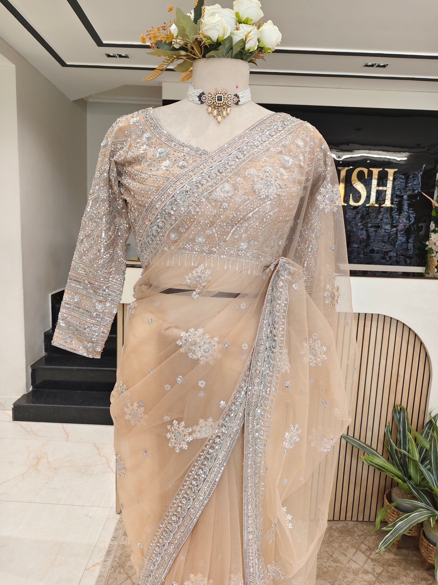 Beige Net Saree