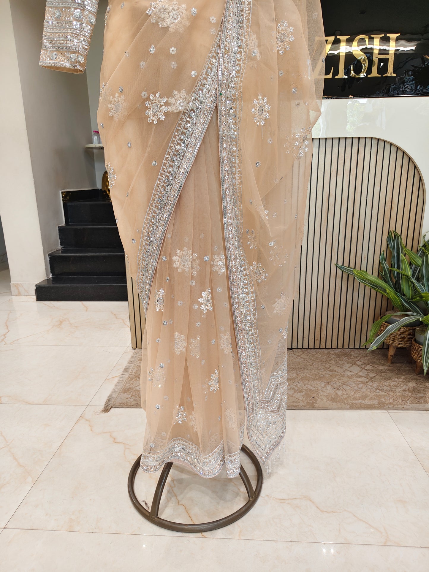 Beige Net Saree