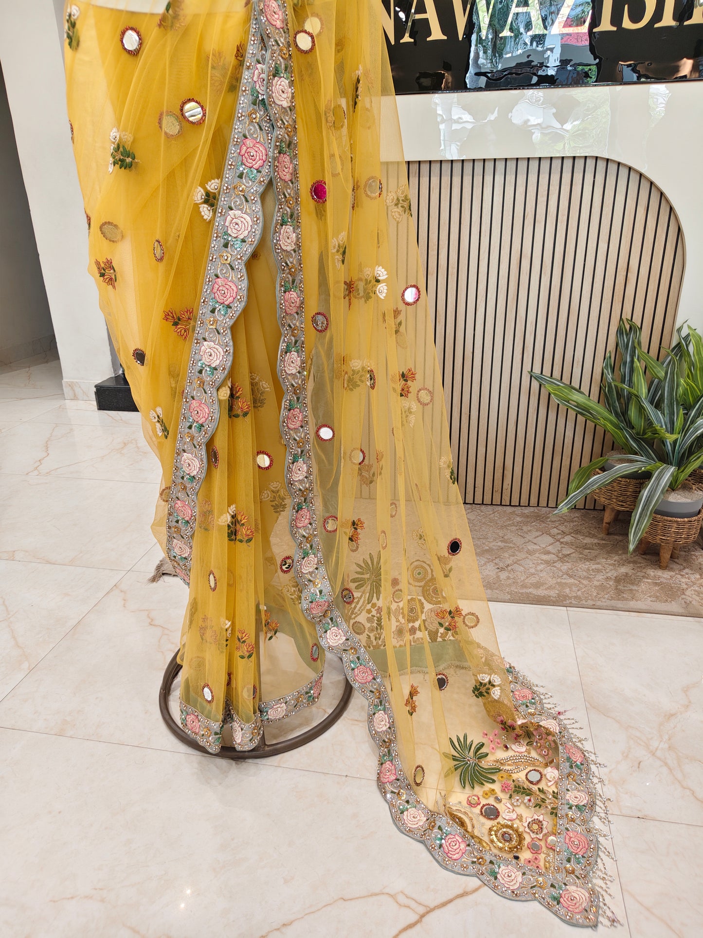 Yellow Net Saree