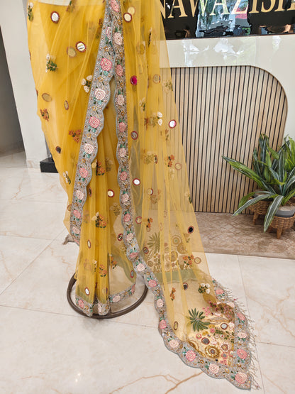 Yellow Net Saree