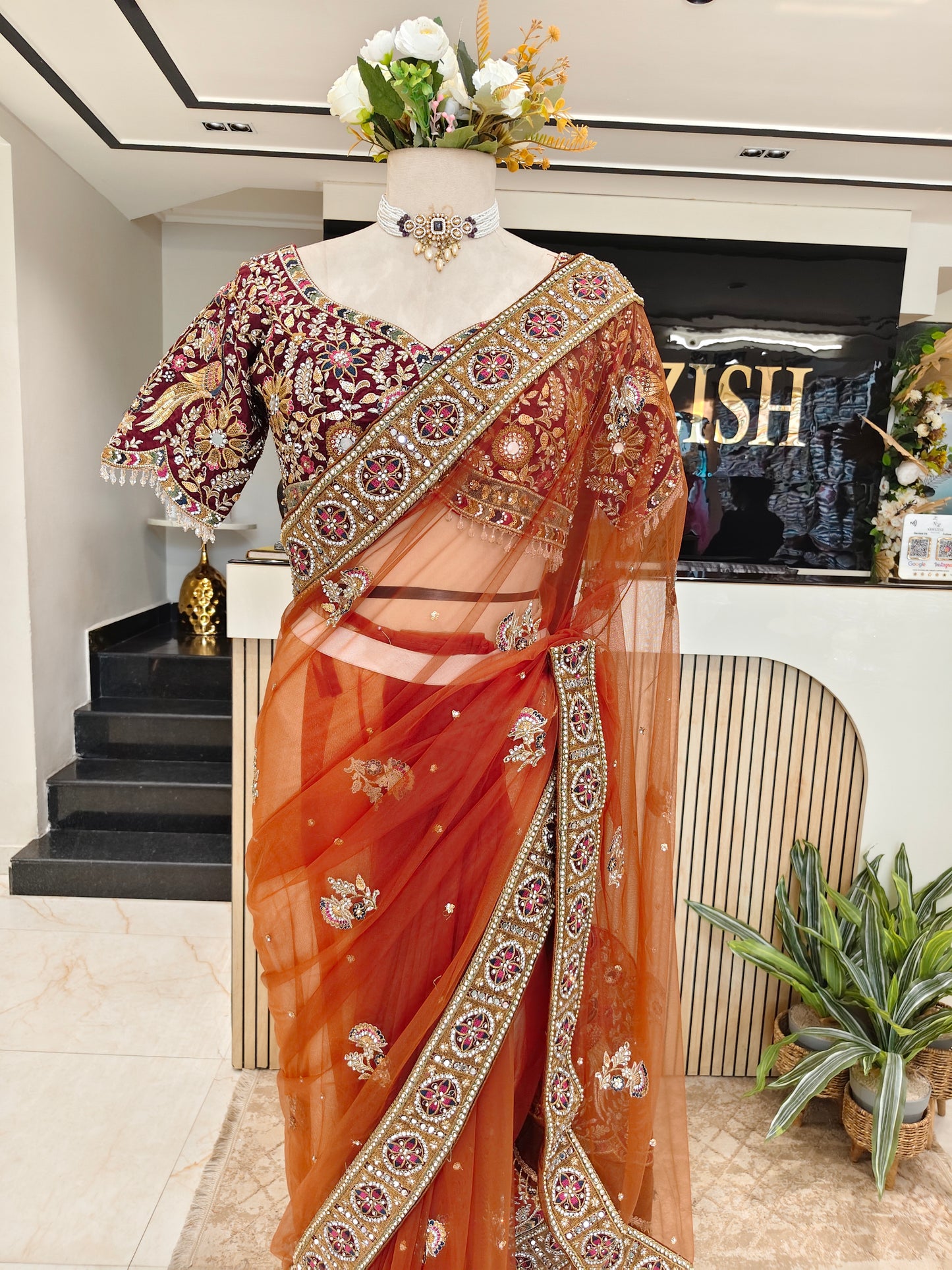 Rust Birds Motif Saree