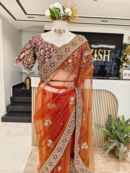 Rust Birds Motif Saree