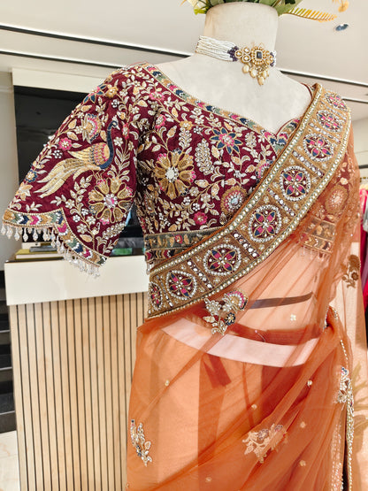 Rust Birds Motif Saree