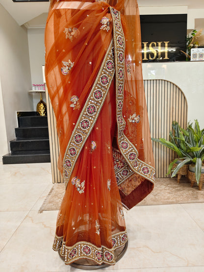 Rust Birds Motif Saree