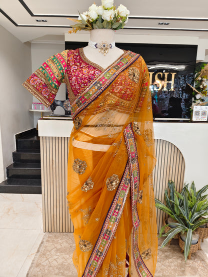 Mustard Maroon Net Saree