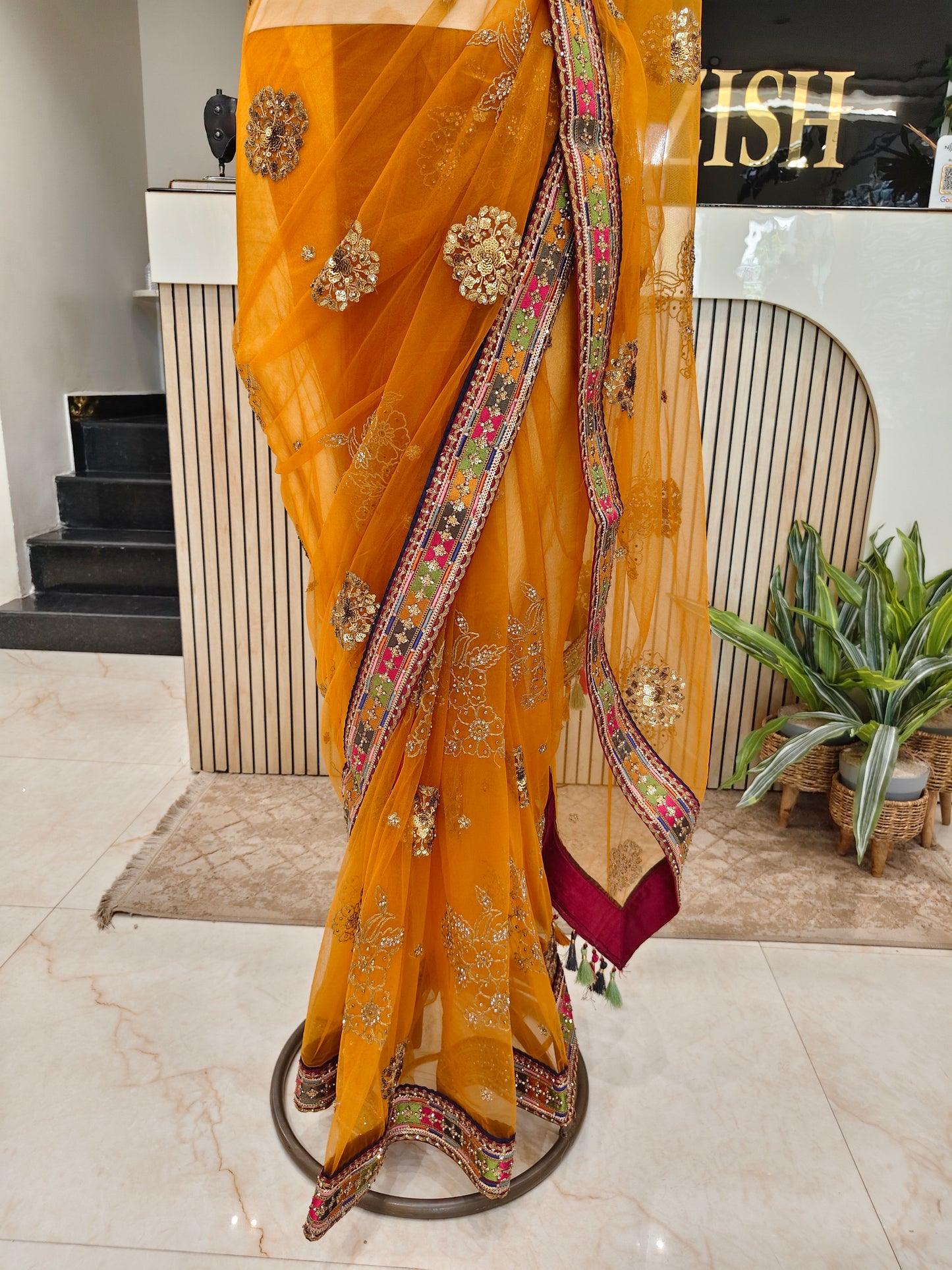 Mustard Maroon Net Saree
