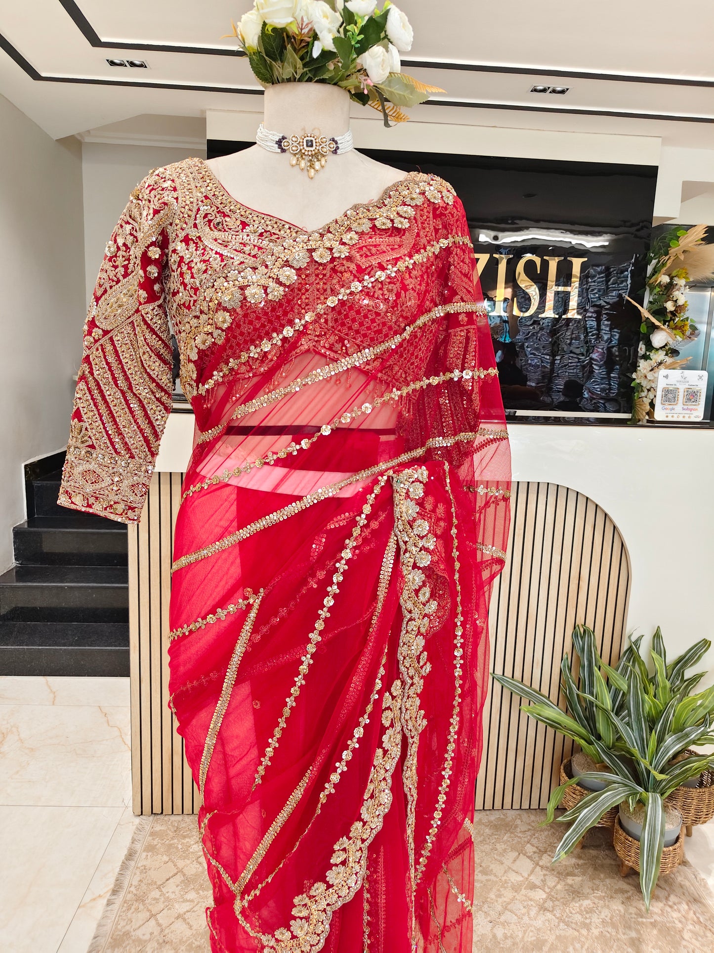 Red Net Saree