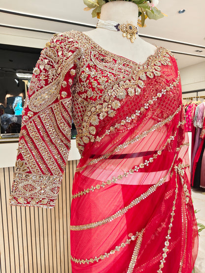 Red Net Saree