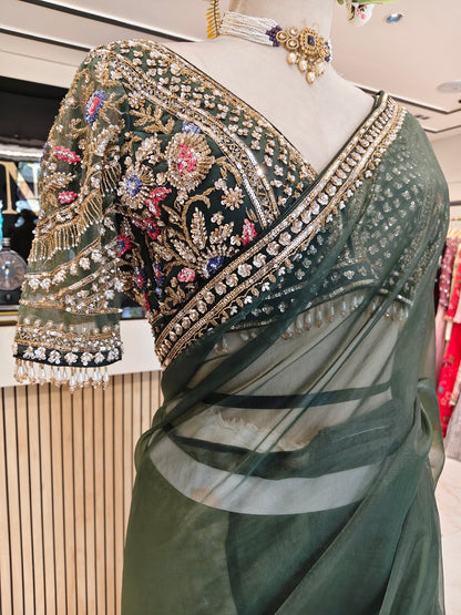 Bottle Green Kutdana Work Organza Saree with Readymade Blouse