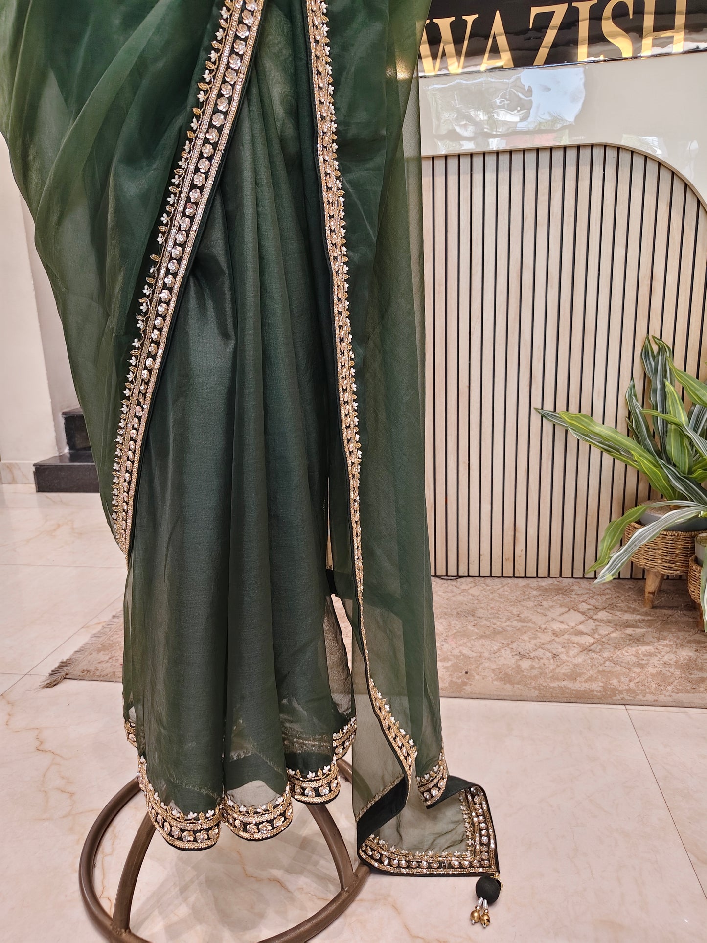 Bottle Green Kutdana Work Organza Saree with Readymade Blouse