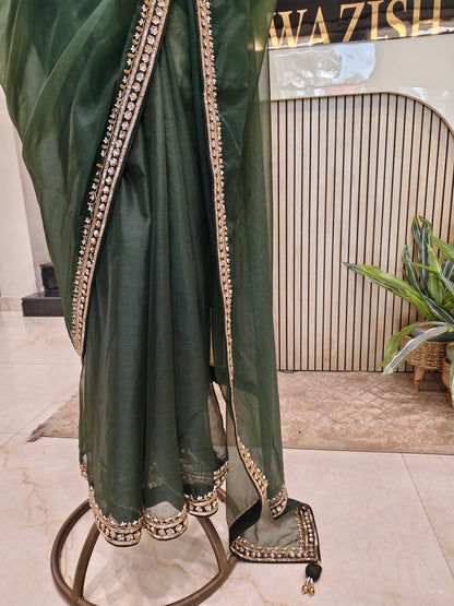 Bottle Green Kutdana Work Organza Saree with Readymade Blouse