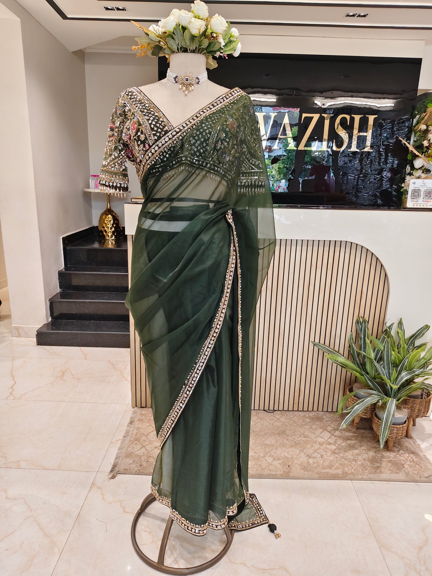 Bottle Green Kutdana Work Organza Saree with Readymade Blouse