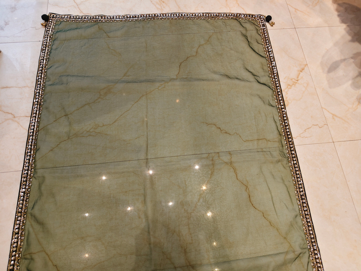 Bottle Green Kutdana Work Organza Saree with Readymade Blouse