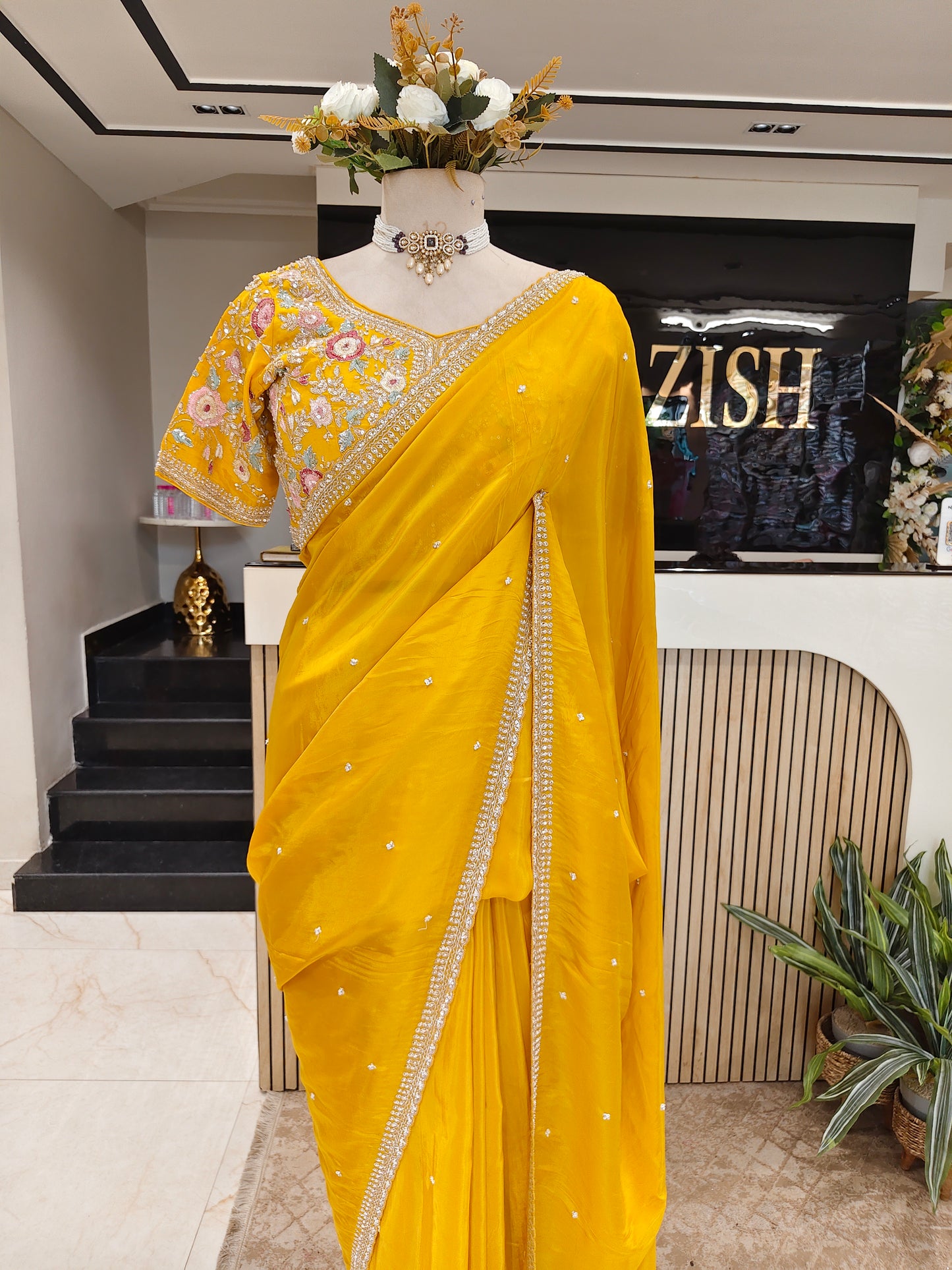 Yellow Sequins & Zari Work Crepe Saree with Readymade Blouse