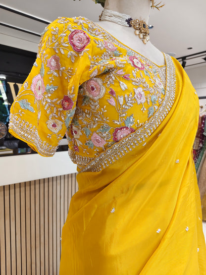 Yellow Sequins & Zari Work Crepe Saree with Readymade Blouse