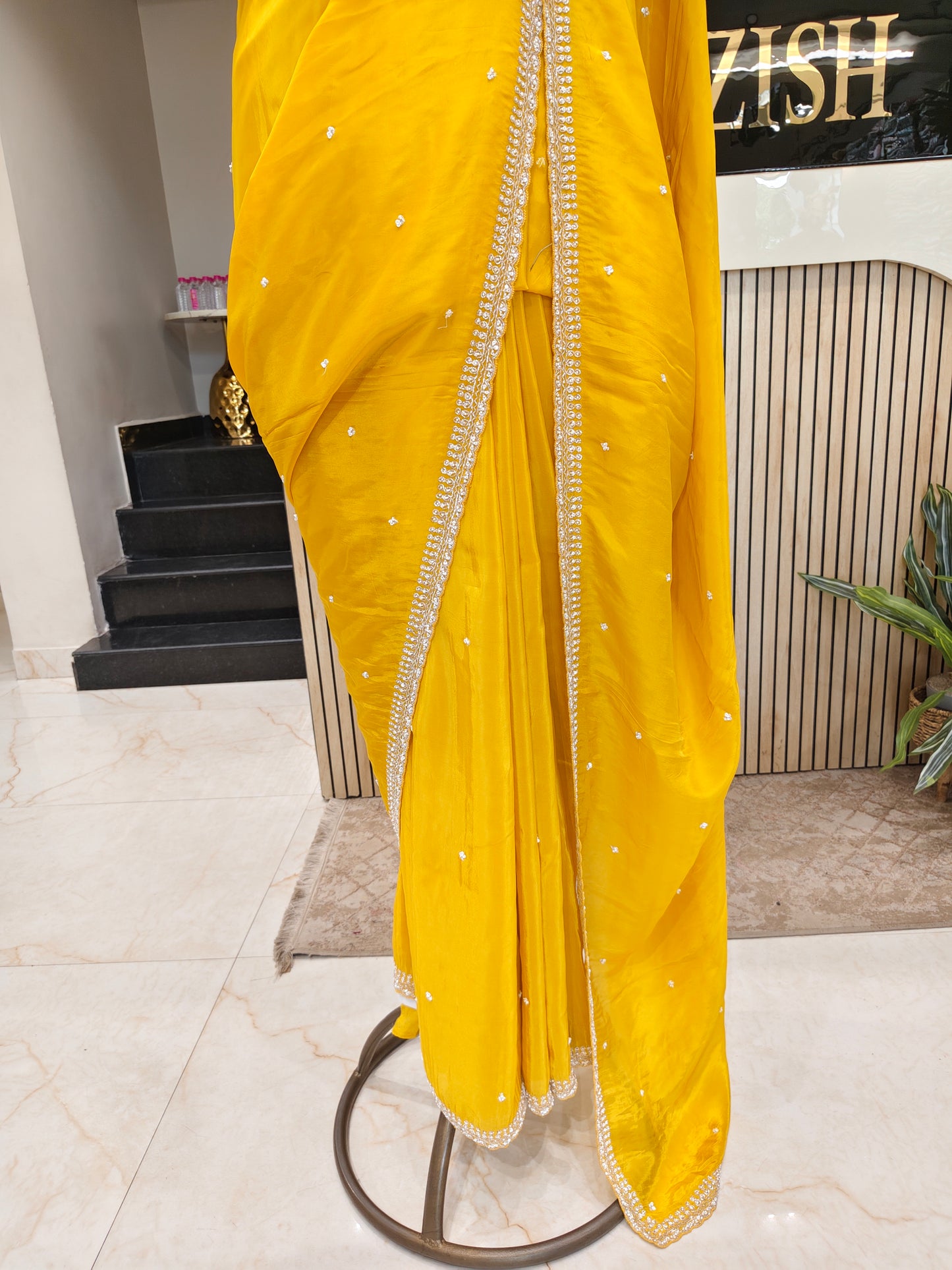 Yellow Sequins & Zari Work Crepe Saree with Readymade Blouse