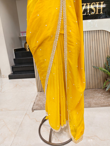 Yellow Sequins & Zari Work Crepe Saree with Readymade Blouse