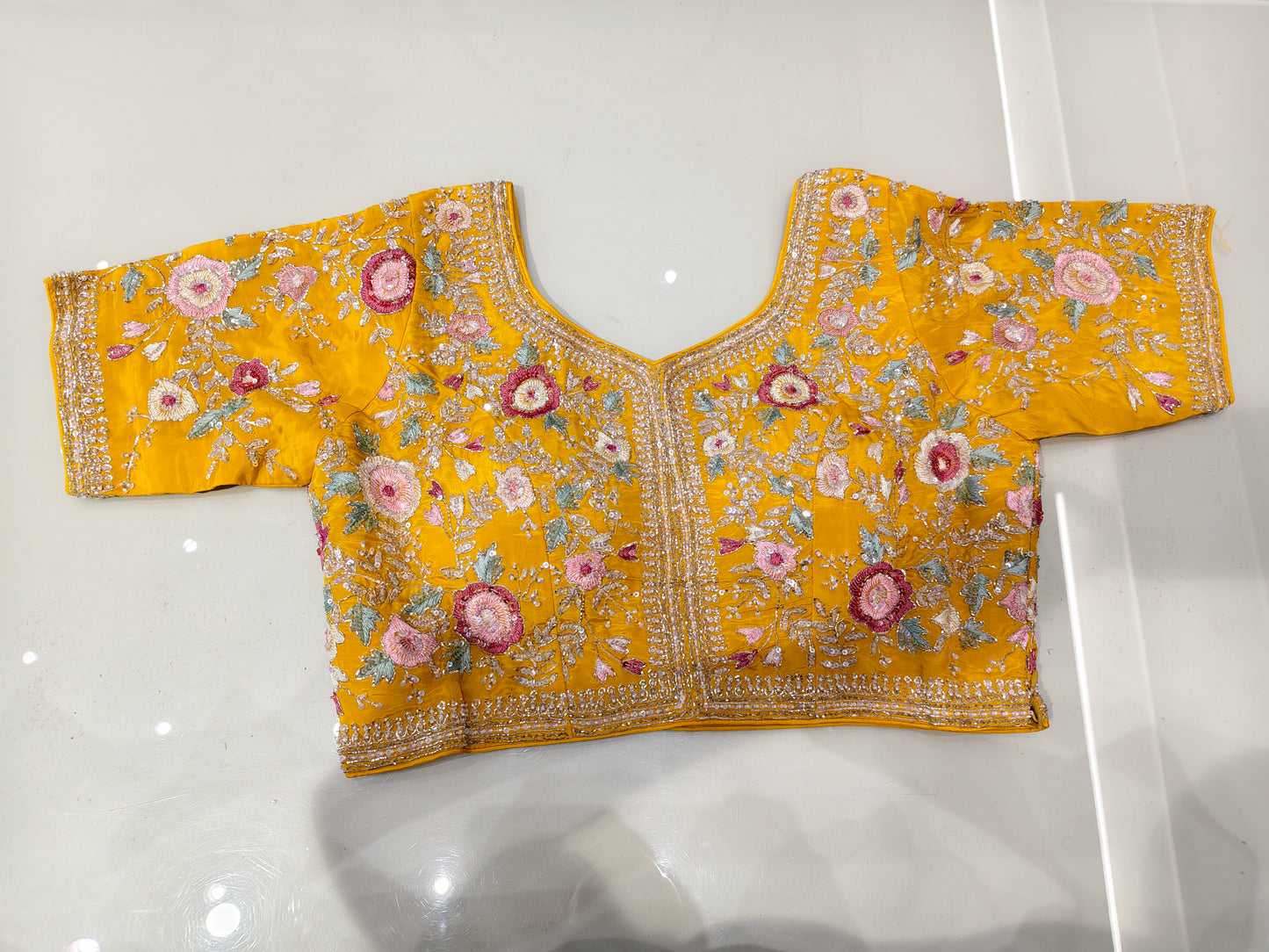 Yellow Sequins & Zari Work Crepe Saree with Readymade Blouse