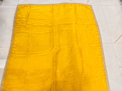 Yellow Sequins & Zari Work Crepe Saree with Readymade Blouse
