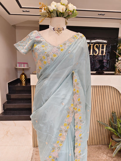 Sea Green Zari Patch Work Crepe Saree with Readymade Blouse
