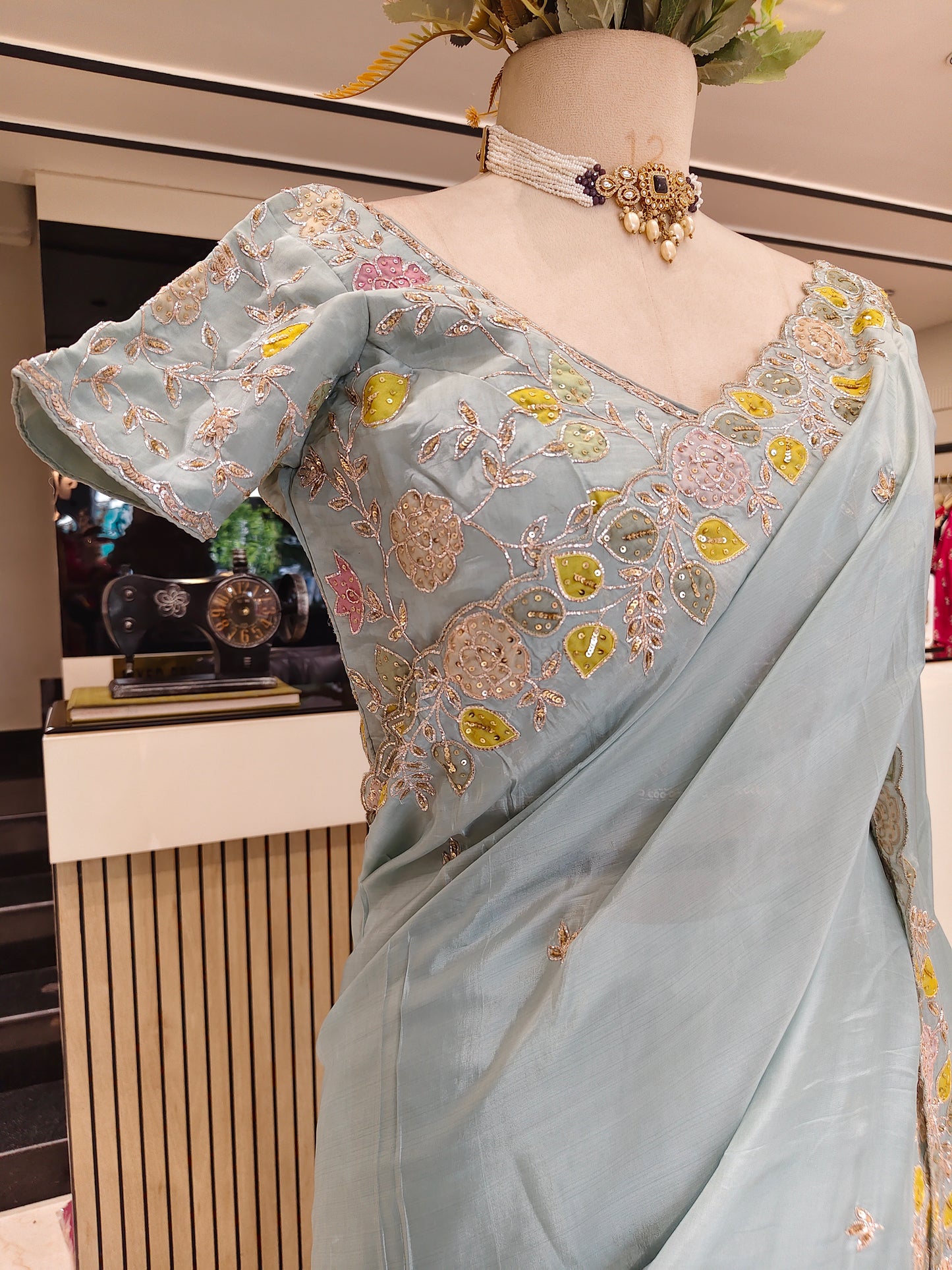 Sea Green Zari Patch Work Crepe Saree with Readymade Blouse