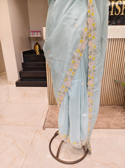 Sea Green Zari Patch Work Crepe Saree with Readymade Blouse