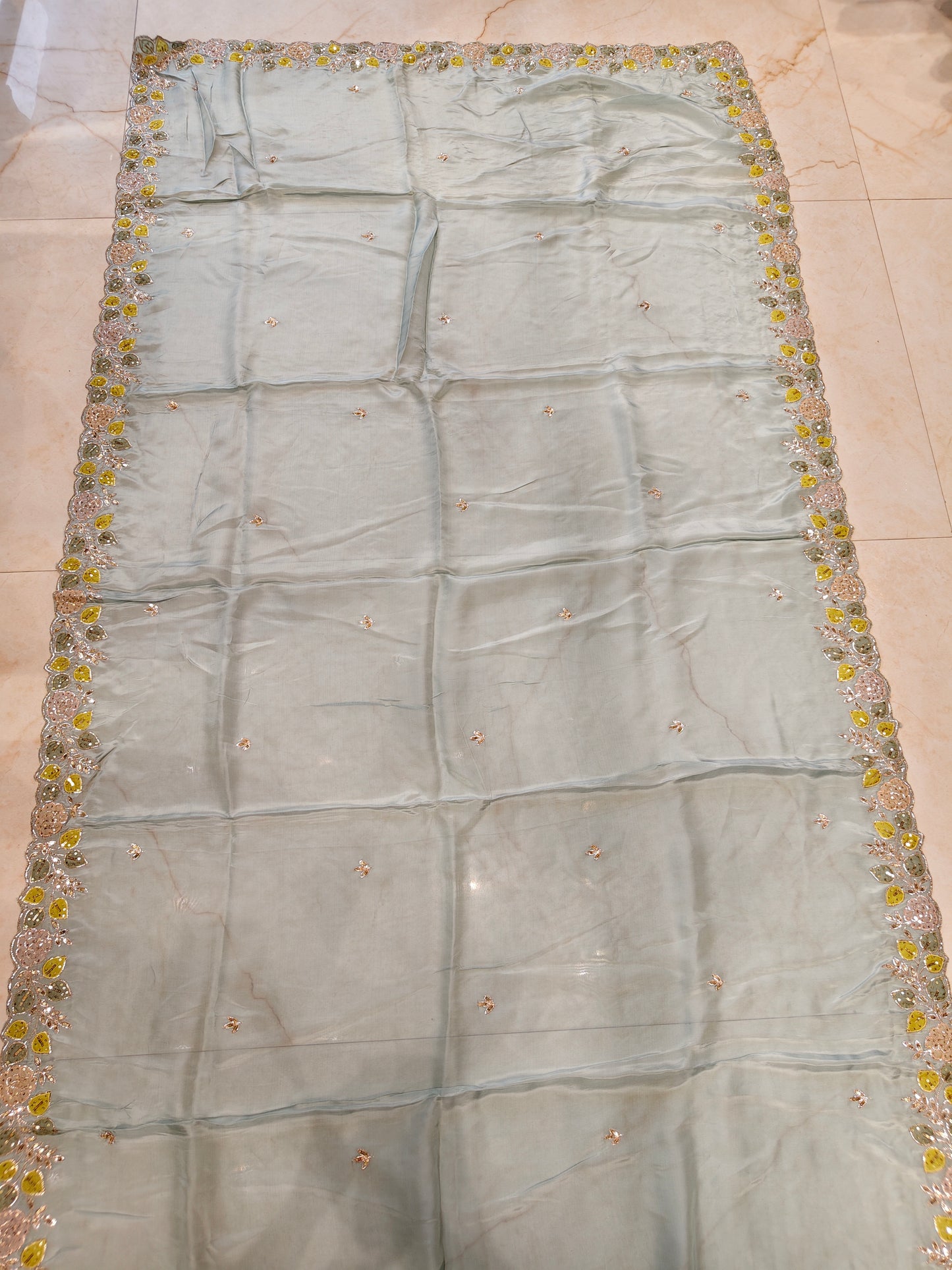 Sea Green Zari Patch Work Crepe Saree with Readymade Blouse