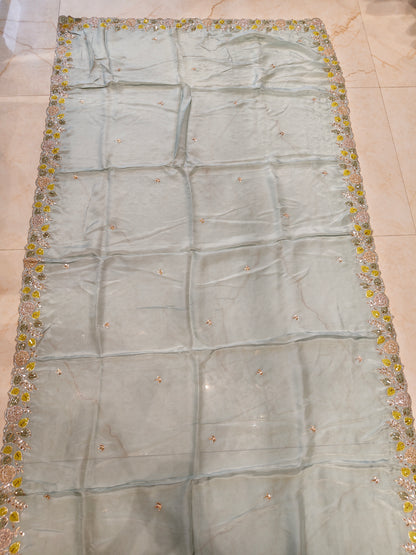 Sea Green Zari Patch Work Crepe Saree with Readymade Blouse