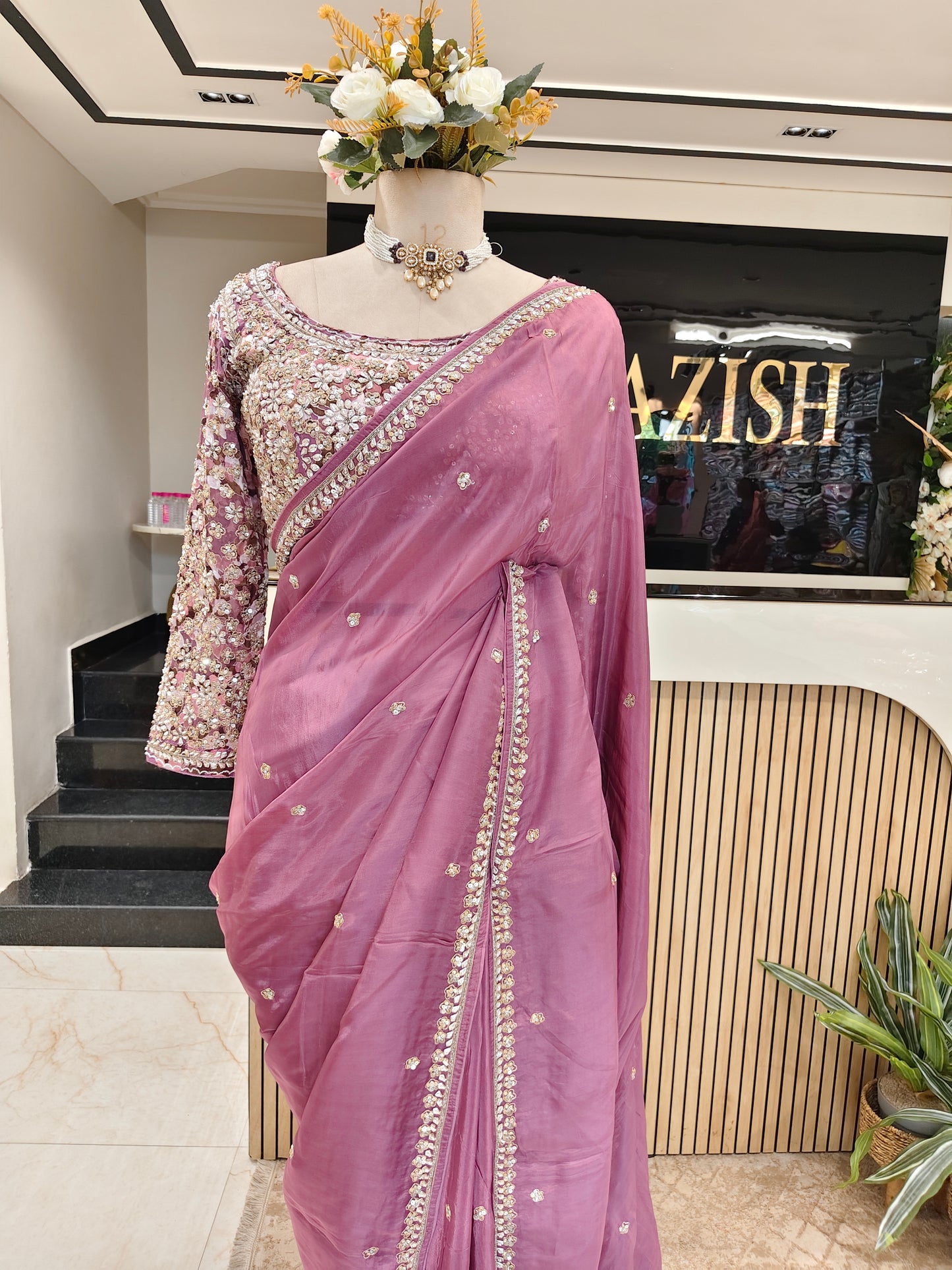 Lavender Kutdana Work Crepe Saree with Readymade Blouse