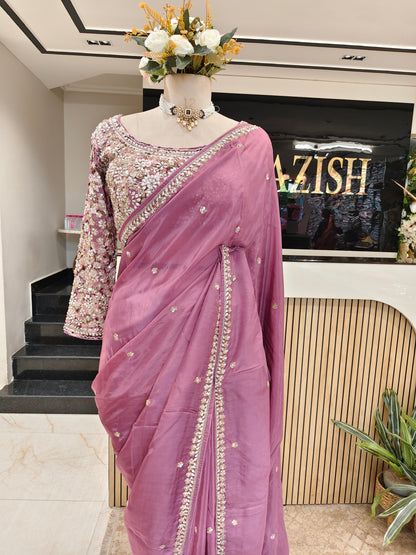 Lavender Kutdana Work Crepe Saree with Readymade Blouse