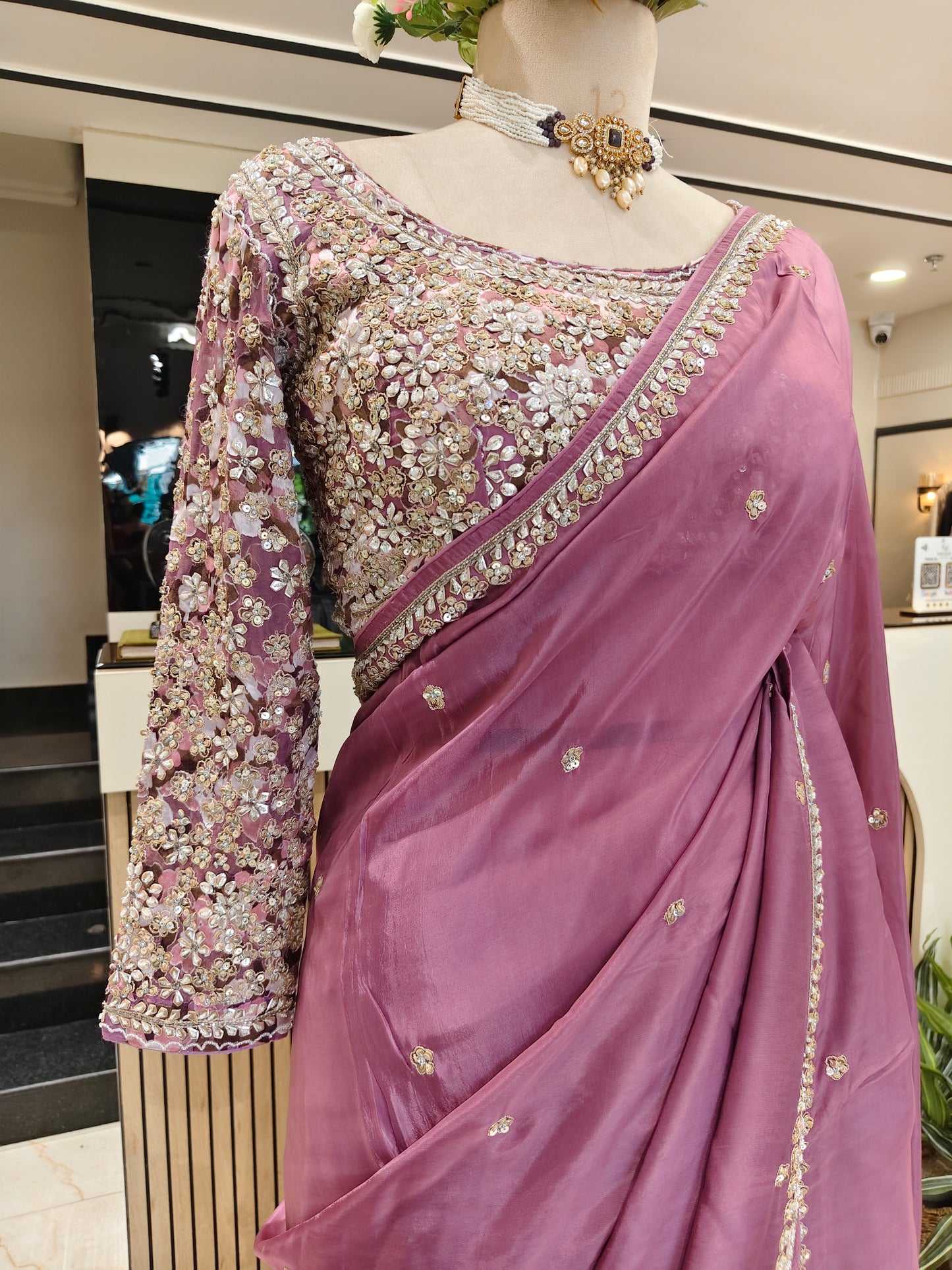 Lavender Kutdana Work Crepe Saree with Readymade Blouse