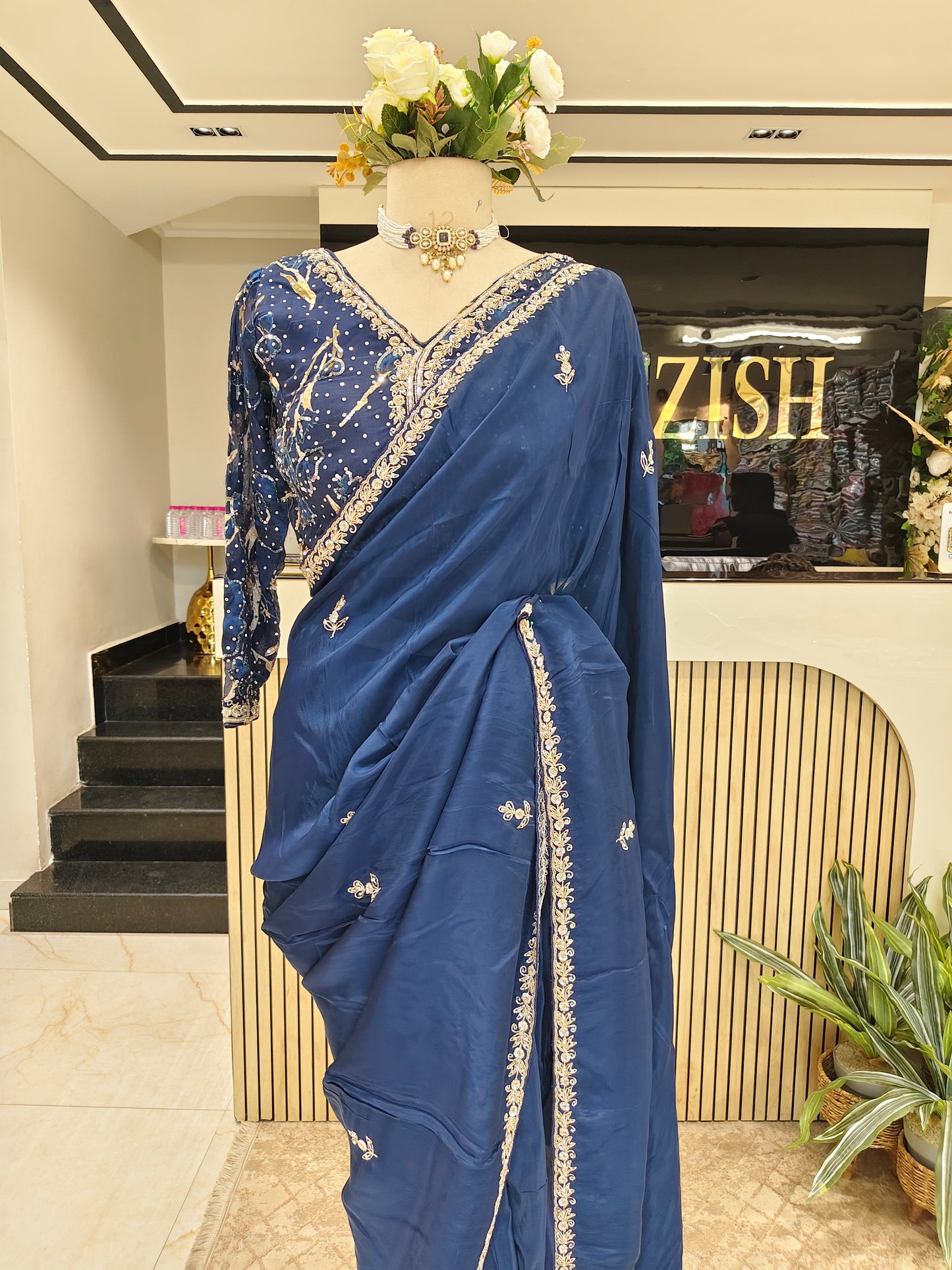 Blue Crepe Saree