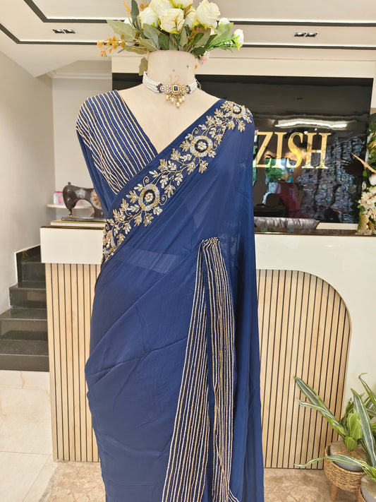 Blue Crepe Saree
