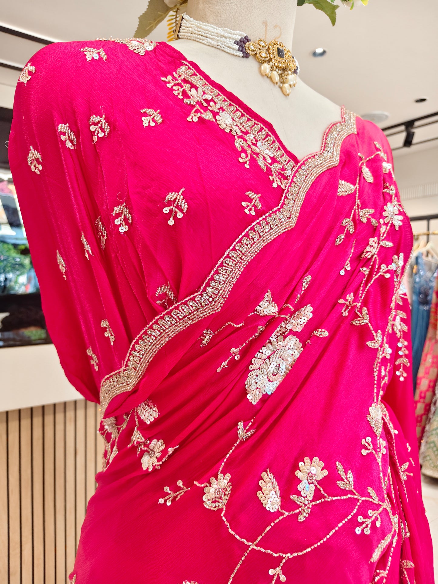 Rani Pink Chinon Saree