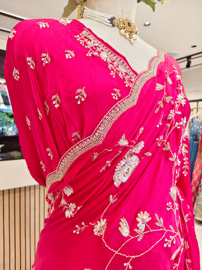 Rani Pink Chinon Saree