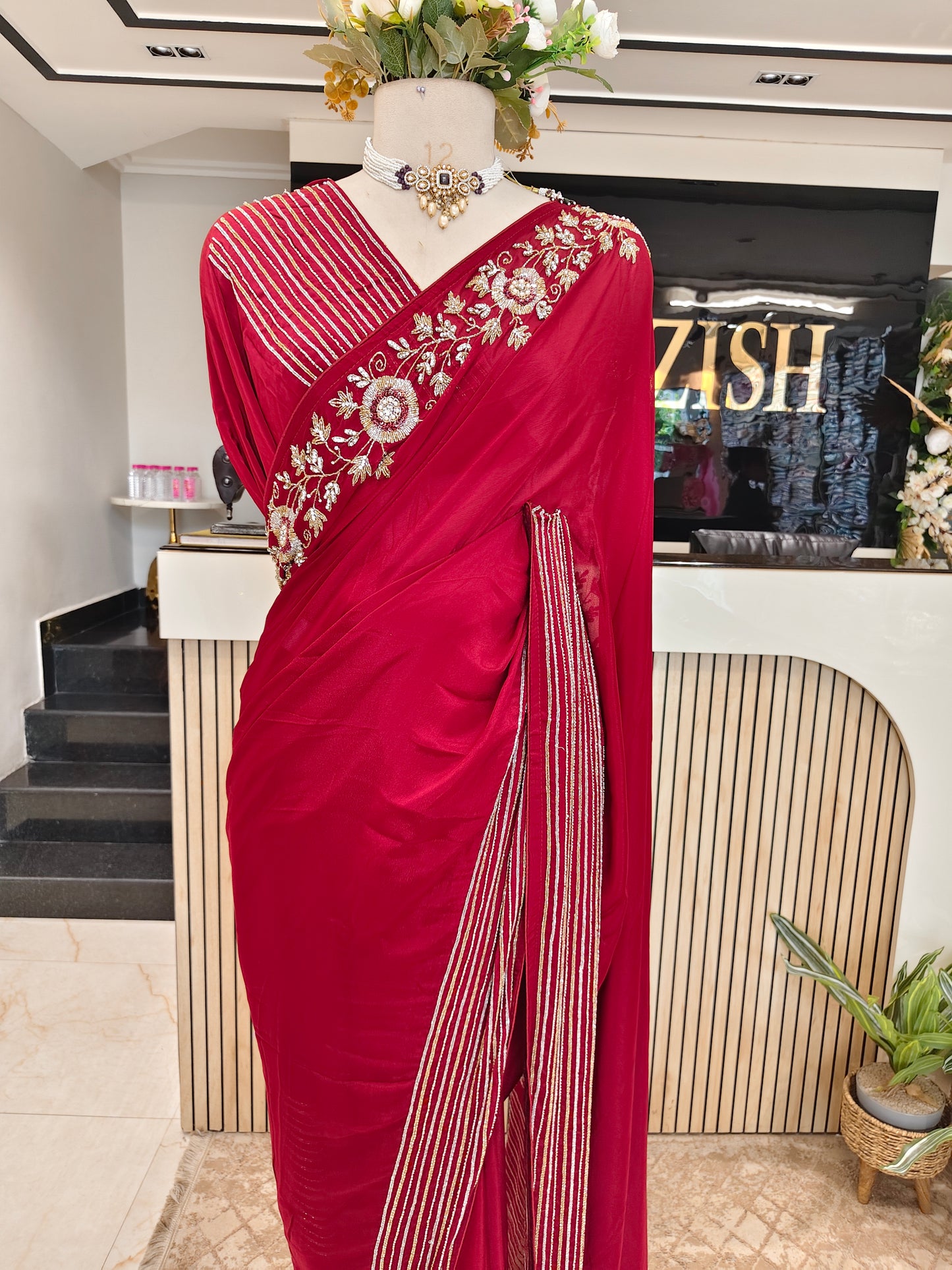 Maroon Chinon Saree