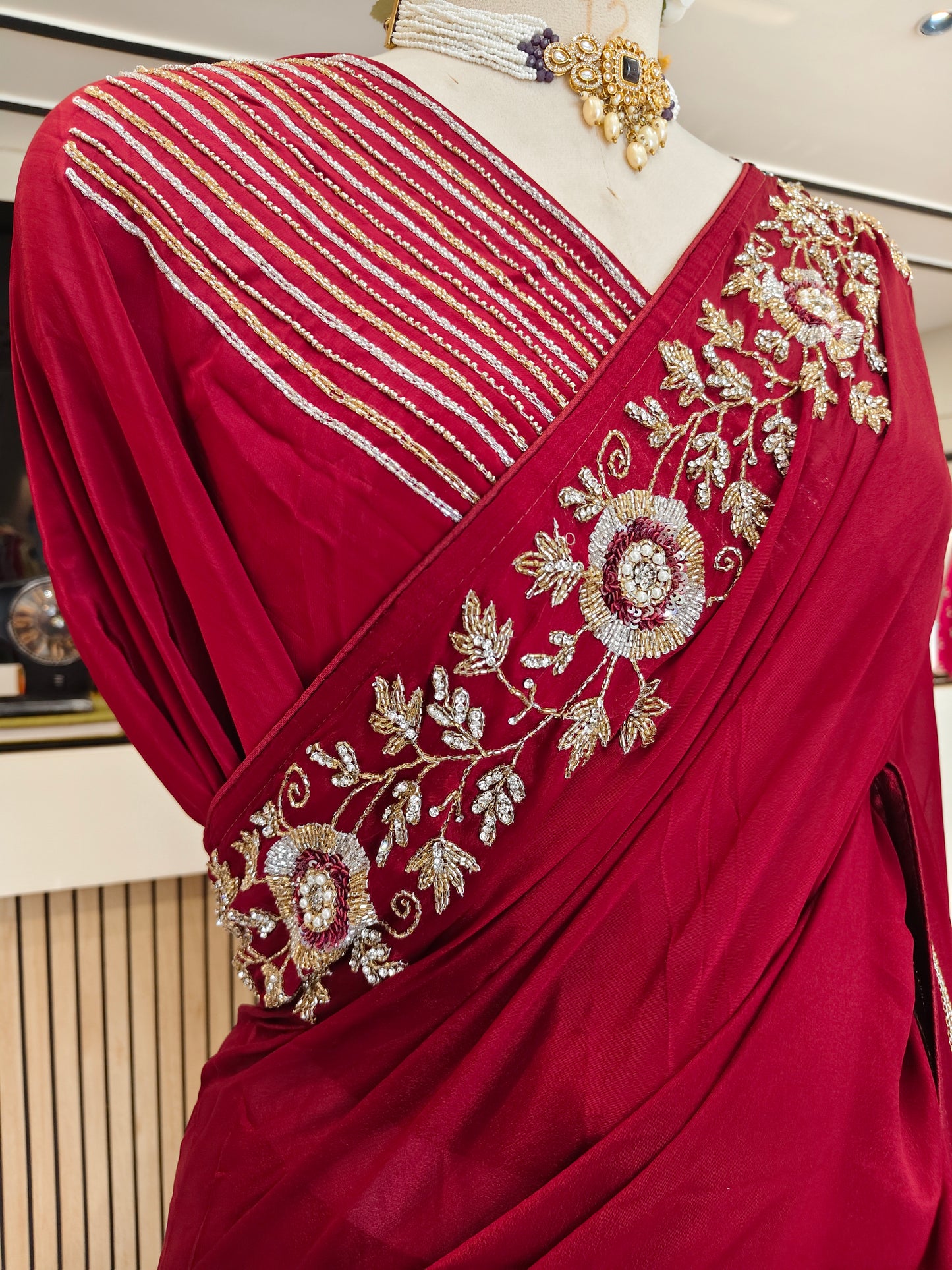 Maroon Chinon Saree