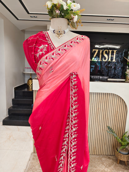 Red Pink Crepe Saree